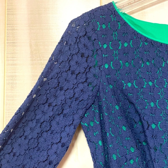 Lilly Pulitzer Navy Blue Lace and Green 3/4 Sleeve Dress Sz 4 - Picture 5 of 6